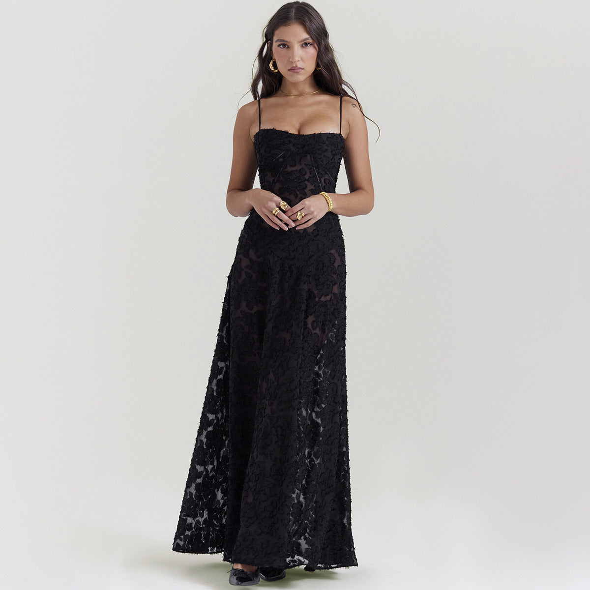 Spitzen A-Linien Langkleid mit Spaghetti-Trägern und Hoher Taille | Ideal für Sommer