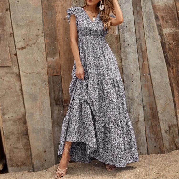 Bohemian V-Ausschnitt Blumendruck Kleid mit kurzen Ärmeln | Ideal für den Sommer