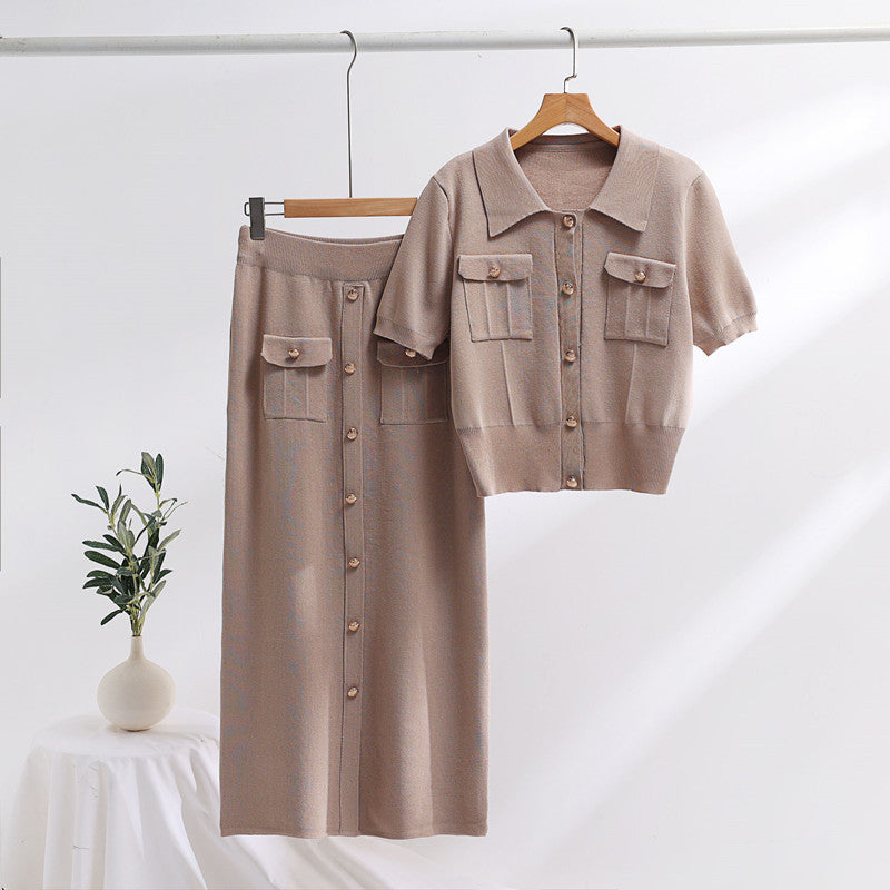 Strick Polo Kragen Kurzarm Pullover und Mid-Länge Rock Set | Ideal für Frühling