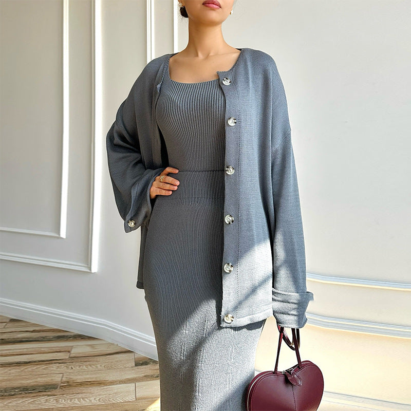 Slim-Fit Strick-Cardigan Anzug mit Knopfdetail | Ideal für Herbst und Winter