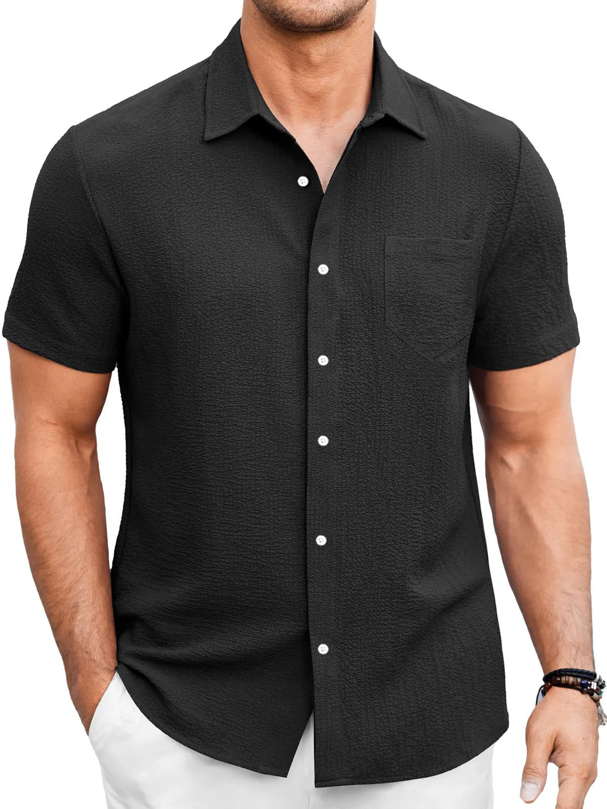 Herren Kurzarm-Shirt in Uni-Farbe mit Blasenfaltendesign Ideal für den Sommer