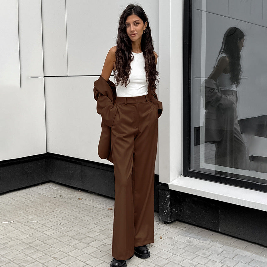 Blazer und Weitbeinige Hose aus Polyester in Unifarbe | Ideal für Frühling und Herbst