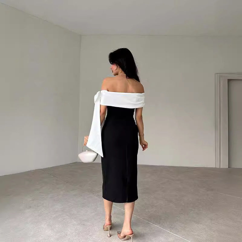 Schulterfreies Cocktailkleid mit Schleife in Schwarz-Weiß Kontrastoptik | Ideal für Abendveranstaltungen