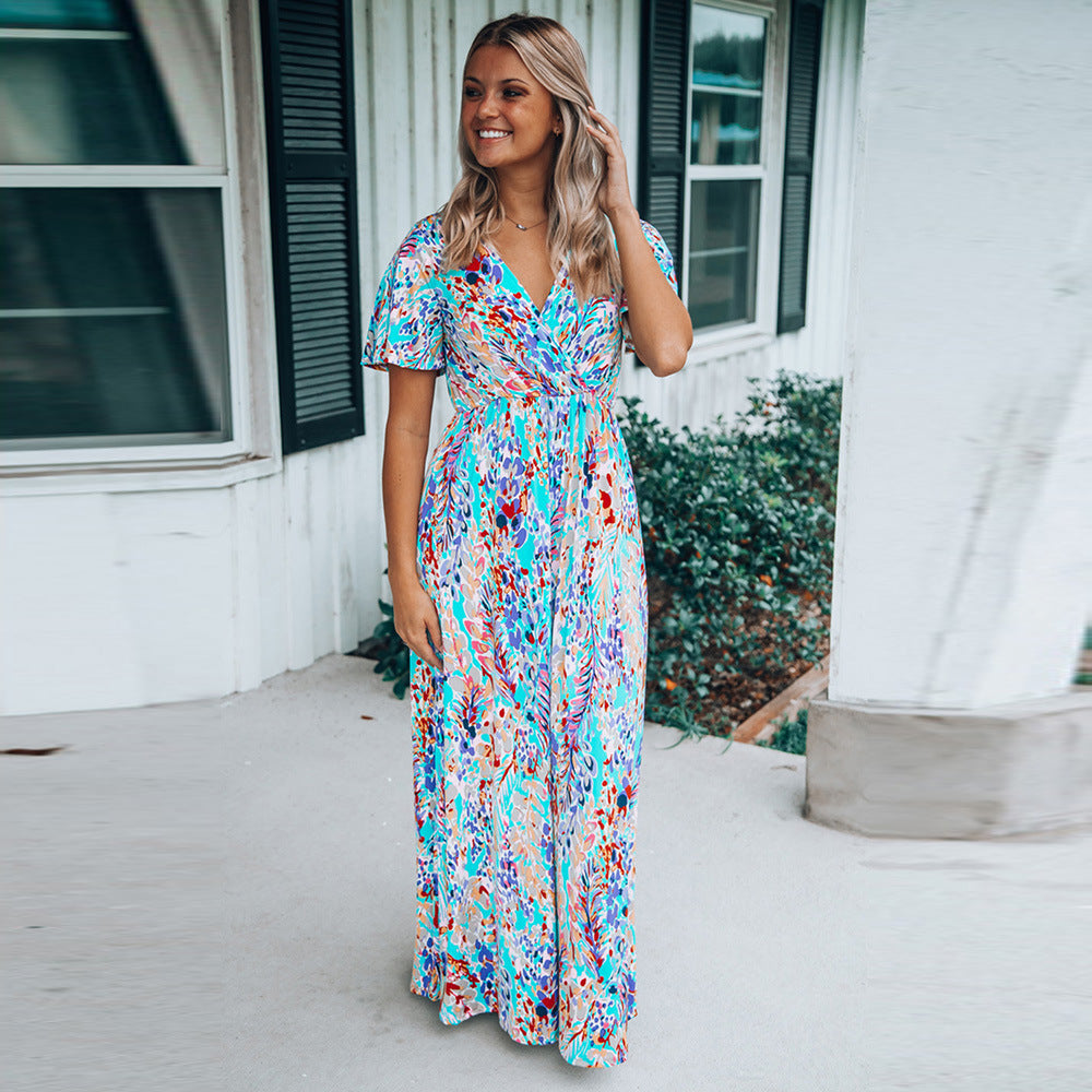 Floral Print V Neck Lang Swing Kleid mit Kurzen Ärmeln | Ideal für Sommer