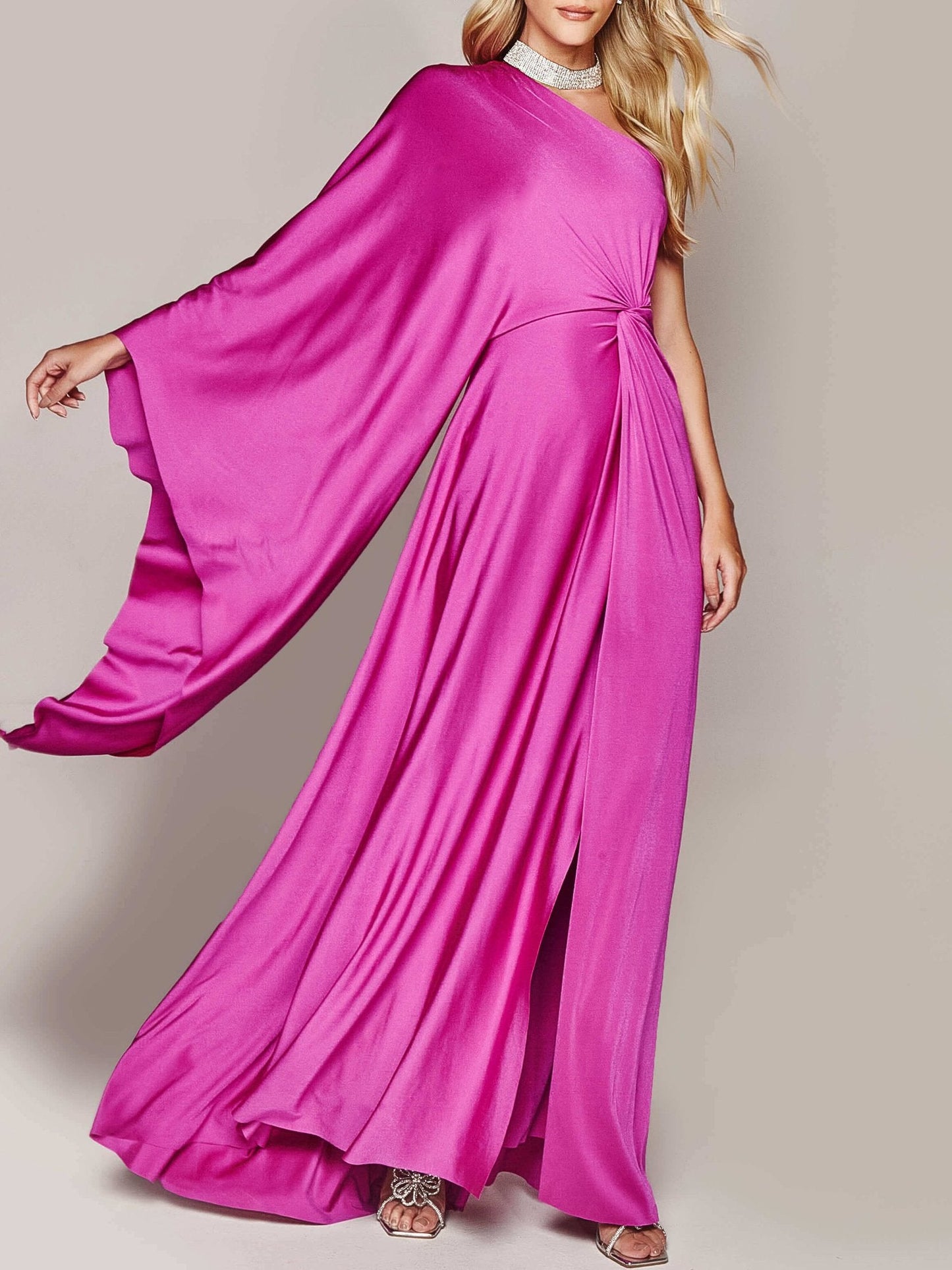 Ein-Schulter Dreh Maxi Kleid in Uni Farbe | Ideal für Frühling und Sommer