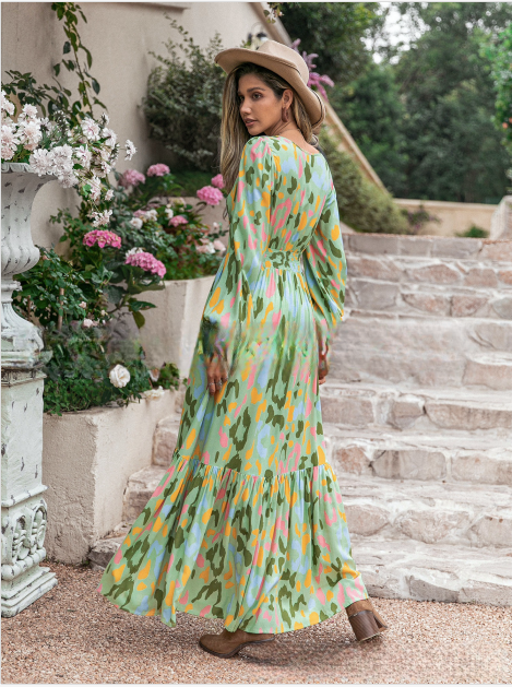 Bohemian Print Langes Kleid mit Smocked Taillenbund und langen Ärmeln | Ideal für Frühling und Herbst