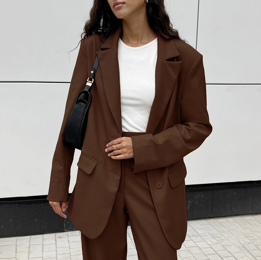 Blazer und Weitbeinige Hose aus Polyester in Unifarbe | Ideal für Frühling und Herbst