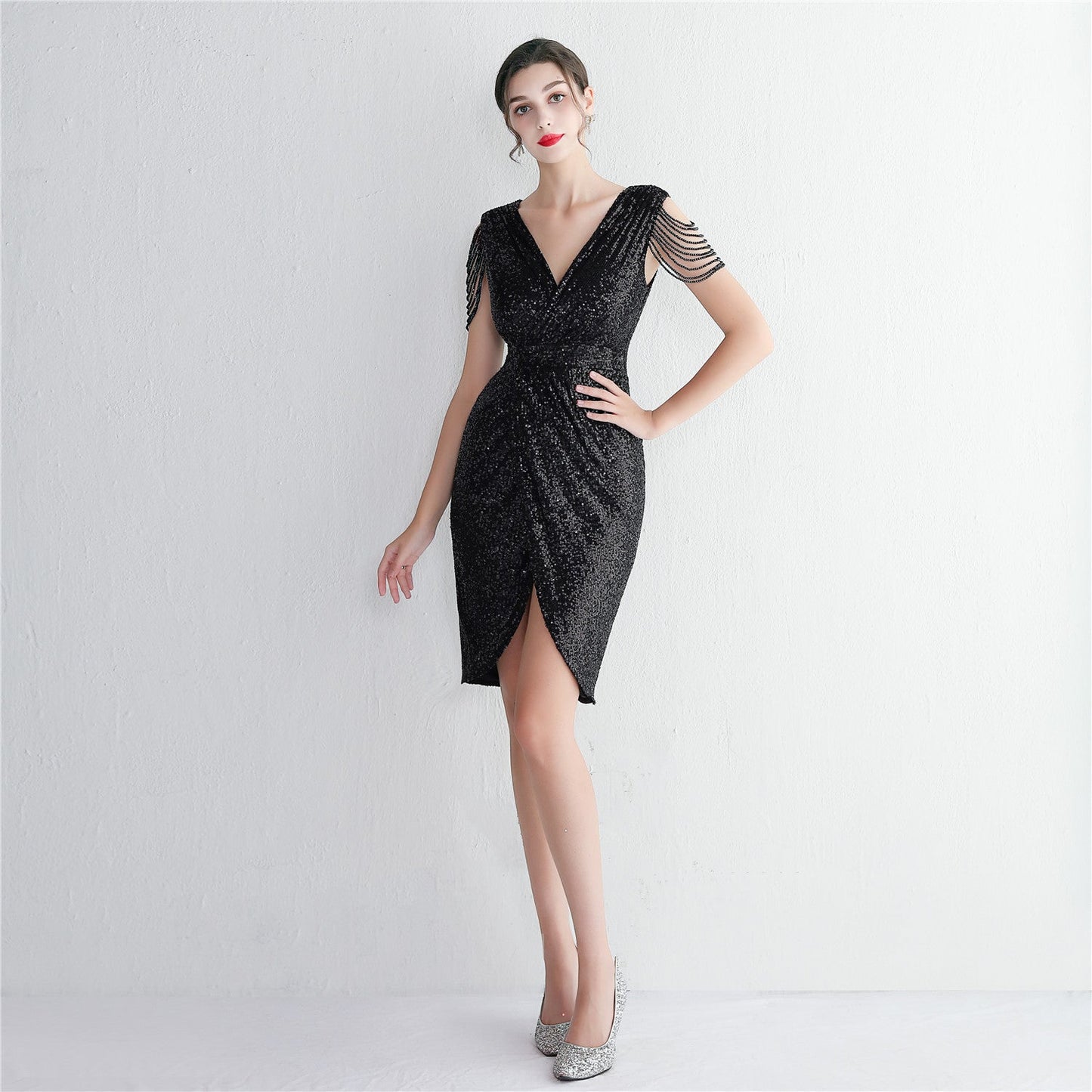 Beadiertes V-Ausschnitt Abendkleid mit Schmaler Passform | Ideal für Alle Jahreszeiten