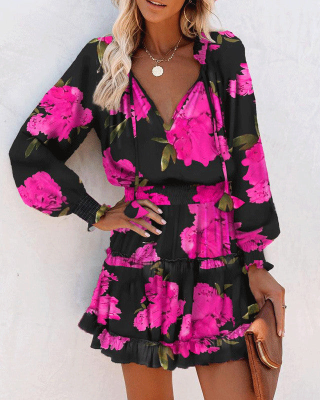 Geblümtes Patchwork-Kleid mit Puffärmeln und Taillenband | Ideal für Frühling und Herbst