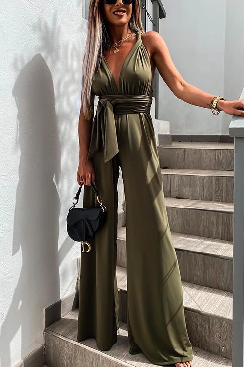 V-Ausschnitt Jumpsuit mit Gürtel und Weiten Beinen | Ideal für Frühling und Sommer
