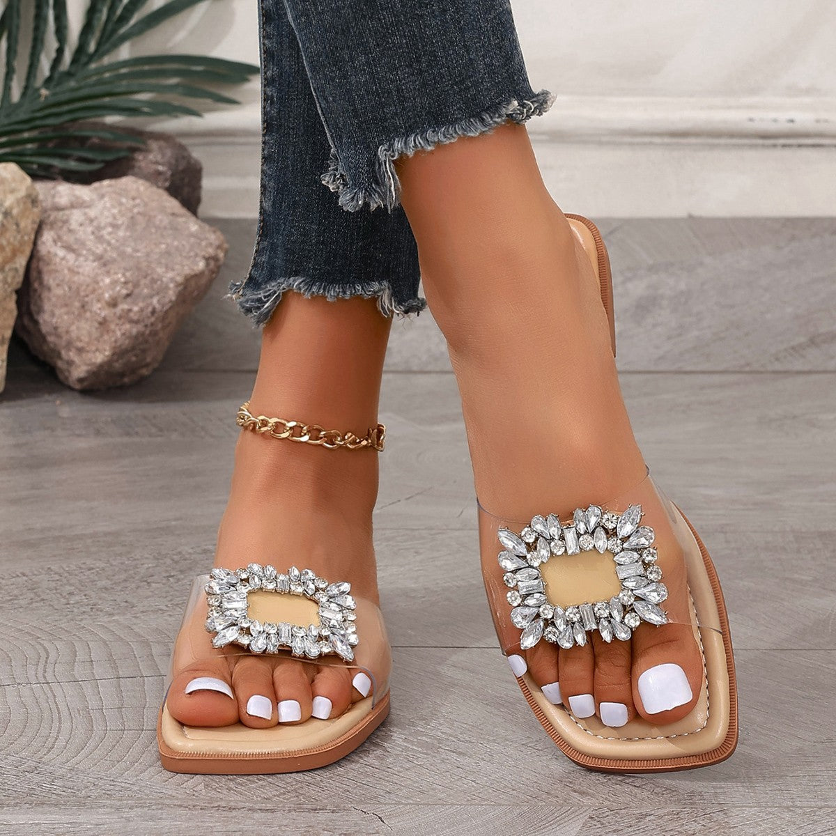 Rhinestone Transparente Flache Sandalen | Ideal für den Sommer