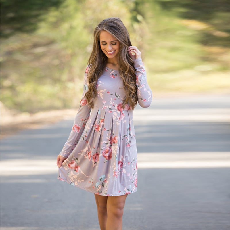 Geblümtes A-Linienkleid mit Langarm Rundhalsausschnitt und Hoher Taille | Ideal für Frühling und Herbst