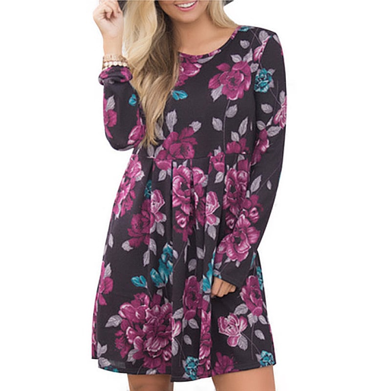 Geblümtes A-Linienkleid mit Langarm Rundhalsausschnitt und Hoher Taille | Ideal für Frühling und Herbst