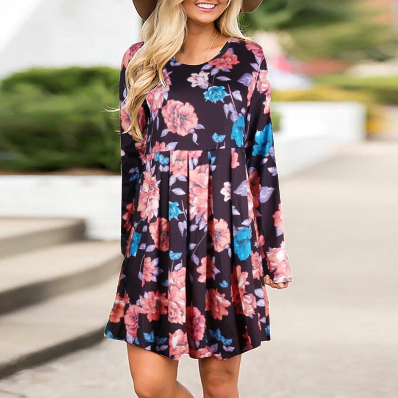 Geblümtes A-Linienkleid mit Langarm Rundhalsausschnitt und Hoher Taille | Ideal für Frühling und Herbst
