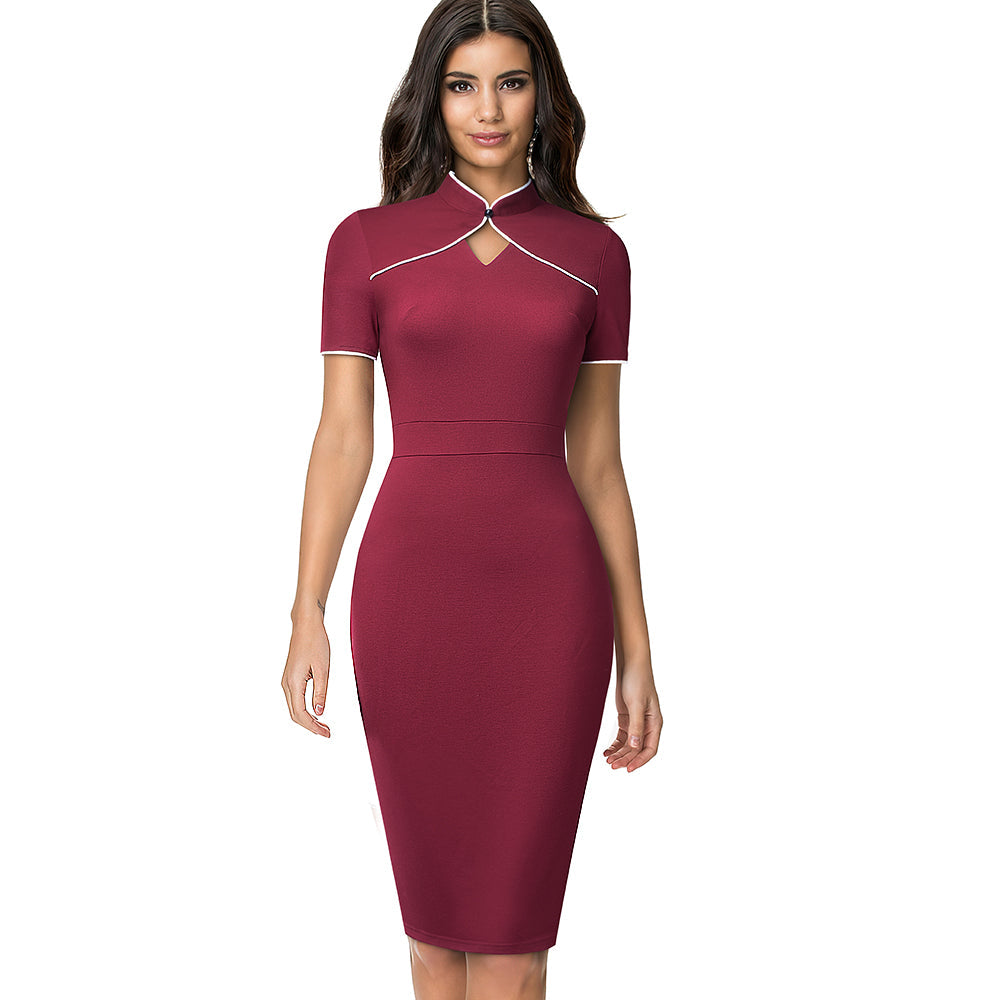 Midikleid mit Stehkragen und Zierhohlmustern in Schlanker Passform | Ideal für Frühling und Herbst