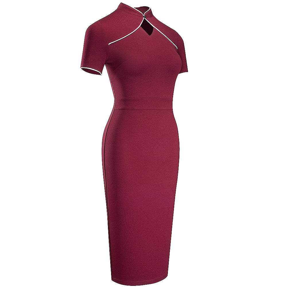Midikleid mit Stehkragen und Zierhohlmustern in Schlanker Passform | Ideal für Frühling und Herbst