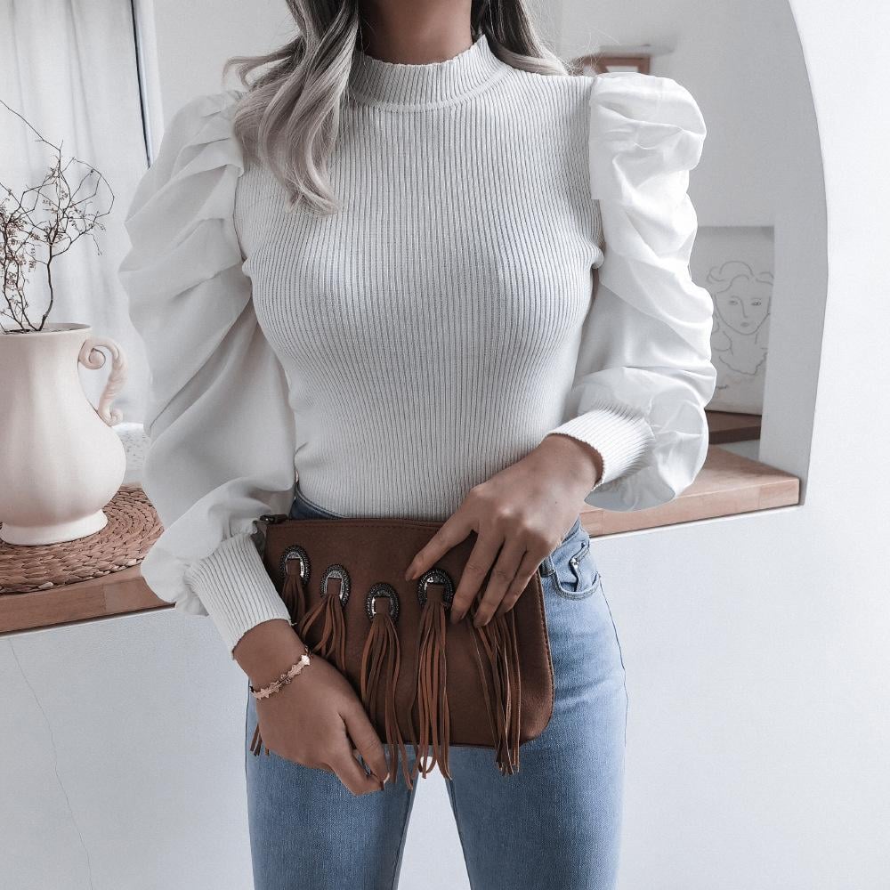 Langarm Stricktop mit Puffärmeln | Ideal für Frühling und Herbst