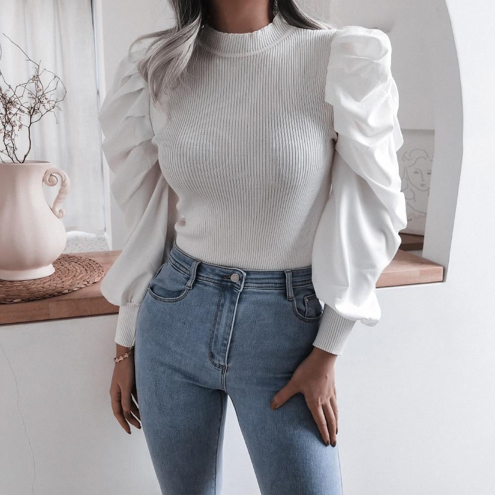 Langarm Stricktop mit Puffärmeln | Ideal für Frühling und Herbst
