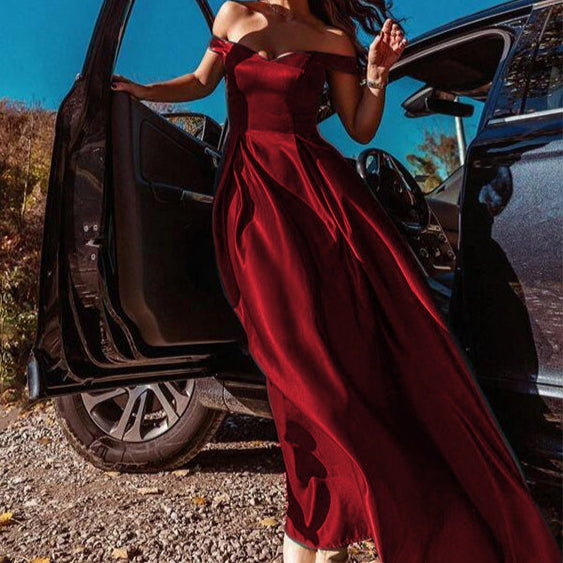 V-Ausschnitt Abendkleid in Weinrot oder Marineblau aus Satin mit Hoher Taille | Ideal für Abendveranstaltungen