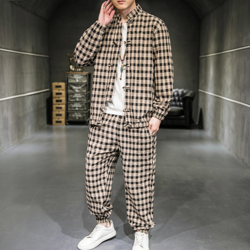 Traditionelles Zweiteiliges Tang-Anzug mit Karojacke | Ideal für Frühling und Herbst