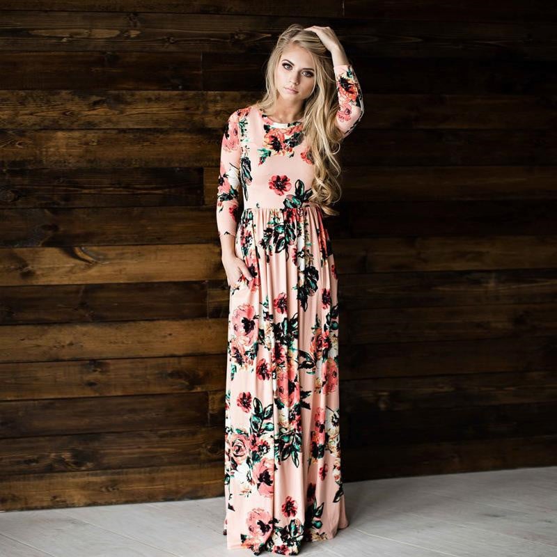 Bedrucktes Langes Schwingkleid mit Mittelhohem Taillenschnitt und Schlupfdesign | Ideal für Frühling und Sommer