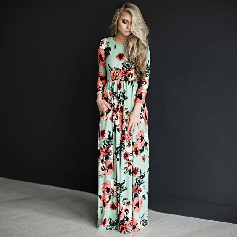 Bedrucktes Langes Schwingkleid mit Mittelhohem Taillenschnitt und Schlupfdesign | Ideal für Frühling und Sommer