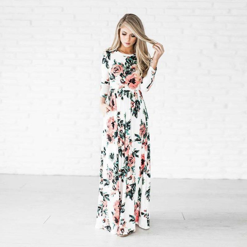 Bedrucktes Langes Schwingkleid mit Mittelhohem Taillenschnitt und Schlupfdesign | Ideal für Frühling und Sommer