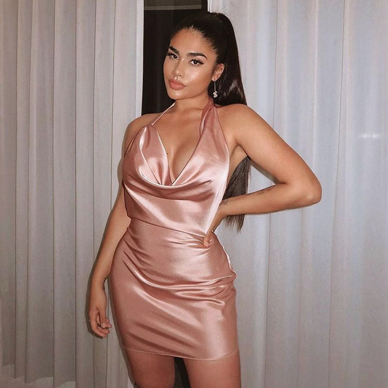 Satin V-Ausschnitt Rückenfreies Kleid mit Verstellbaren Trägern | Ideal für Sommer