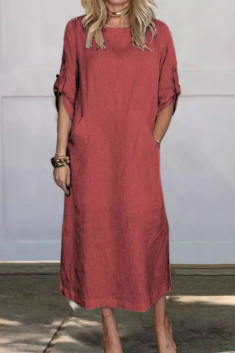 Einfarbiges Midikleid mit Taschen und Rundhalsausschnitt | Ideal für Frühling und Herbst