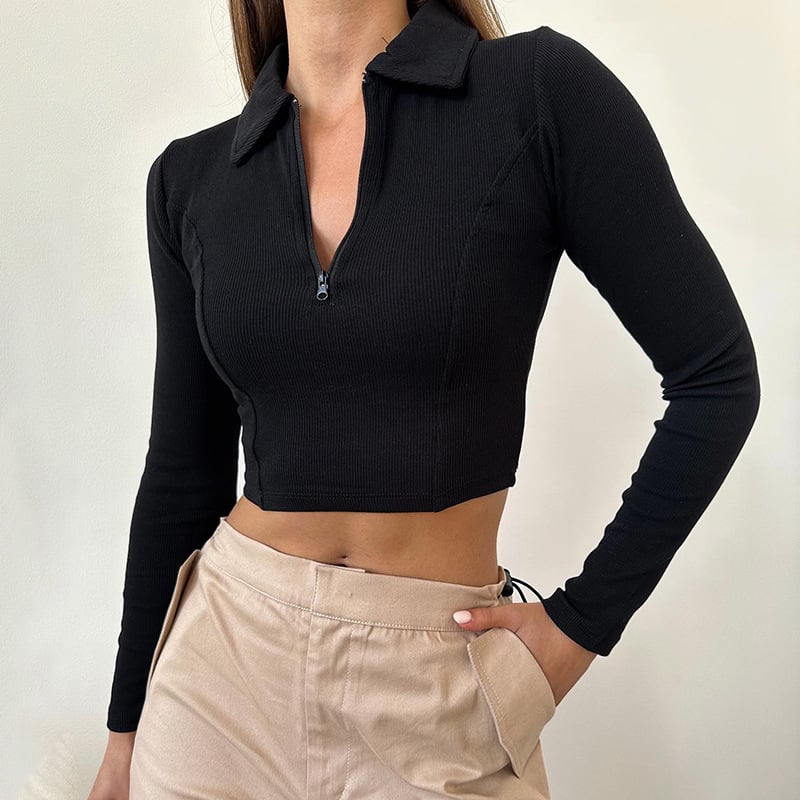 Langarm T-Shirt mit Reißverschlusskragen und Teilungsnaht in Unifarbe | Ideal für Frühling und Herbst