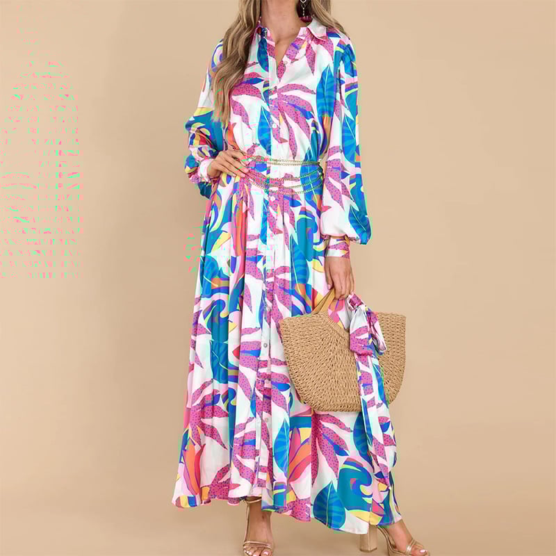 Langes Kleid mit Blumenmuster und Polokragen mit Weitem Saum | Ideal für Frühling und Herbst