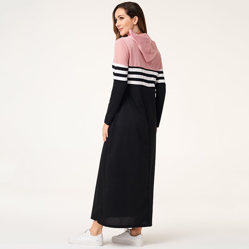 Gestreiftes Patchwork Hoodie-Kleid mit Langarm | Ideal für Herbst und Winter