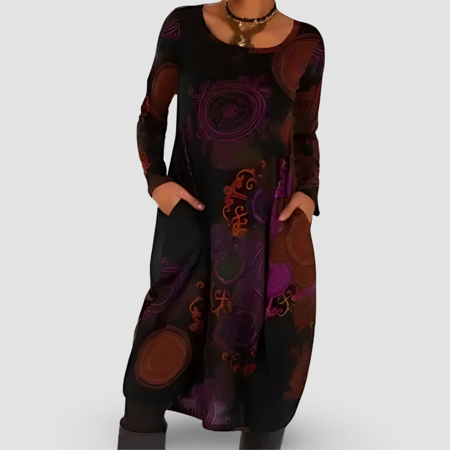 Langarm Vintage-Midi-Kleid mit V-Ausschnitt | Ideal für Frühling und Herbst