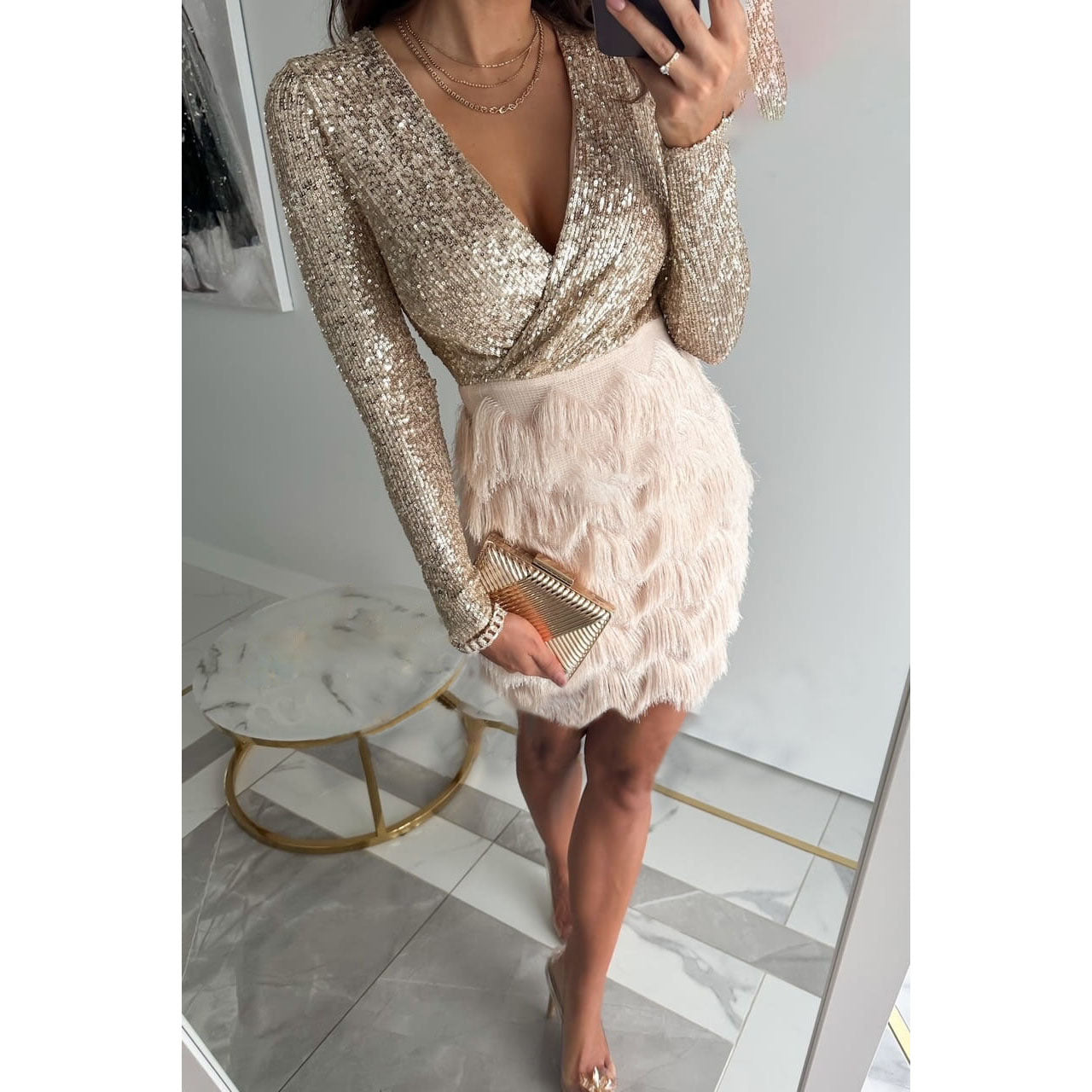 Glitzer Mini-Kleid mit Fransen-Details | Ideal für Herbst und Winter