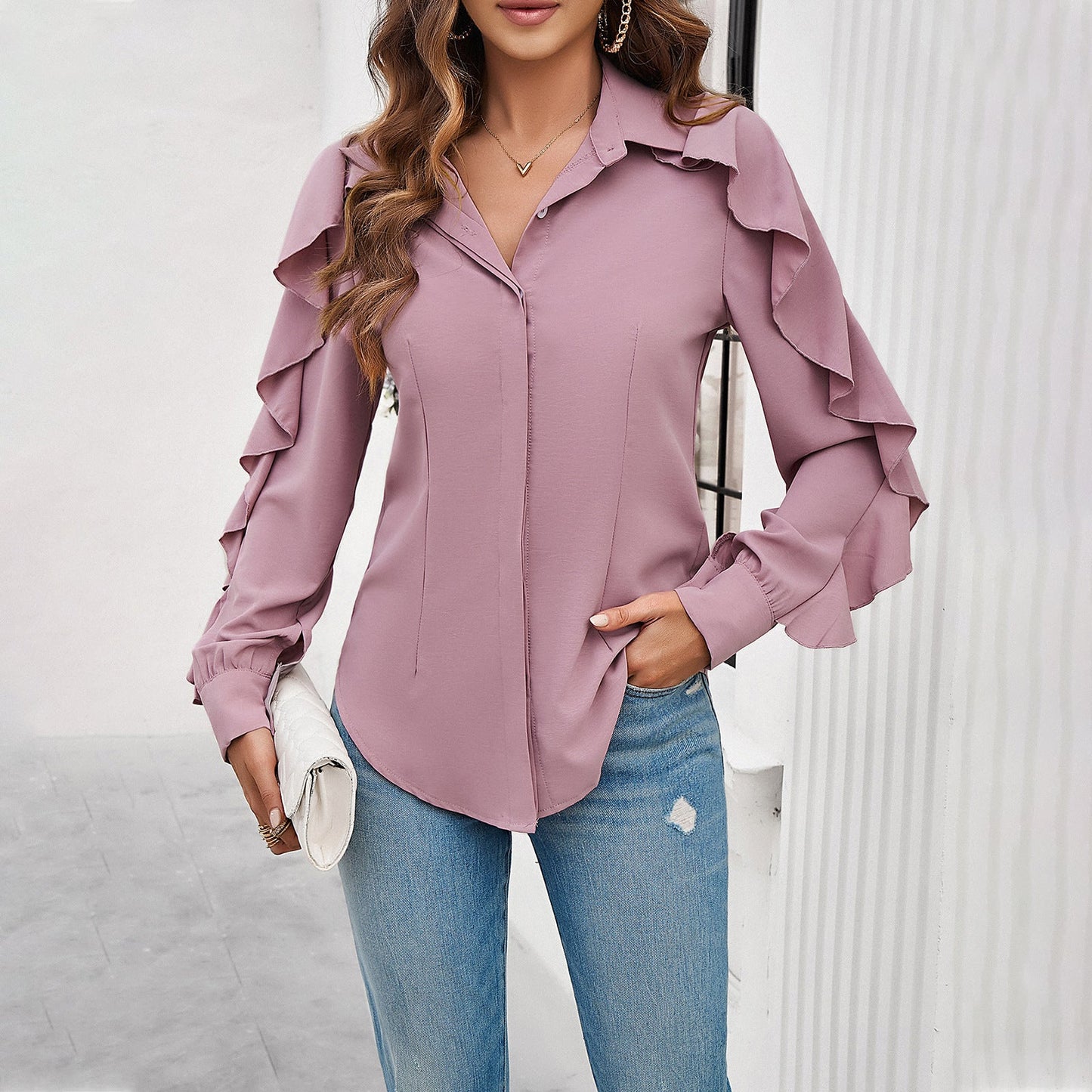 Unifarbene Cardigan-Bluse mit Rüschärmeln aus Polyester | Ideal für Frühling und Sommer