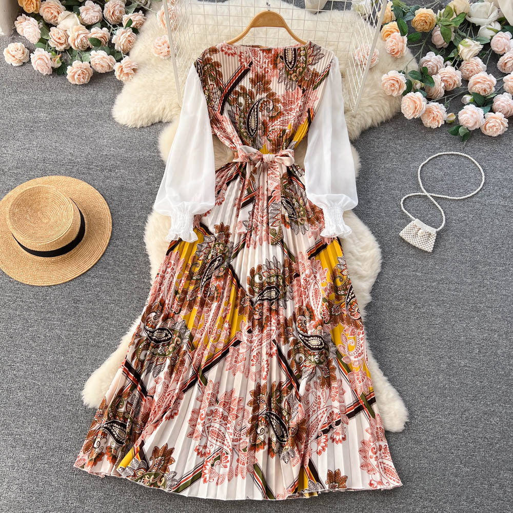 Bedrucktes Maxi Kleid mit Langen Ärmeln und Ethnischen Mustern | Ideal für Frühling und Sommer