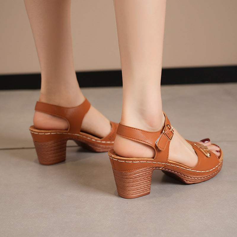 Damen Sandalen mit Schnallenriemen und Blockabsatz mit Offener Spitze | Ideal für den Sommer