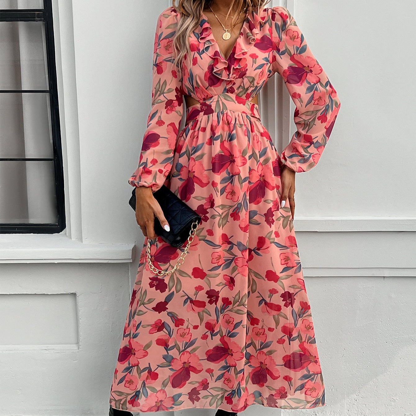 Geblümtes Kleid mit V-Ausschnitt und Laternenärmeln | Ideal für Frühling und Herbst