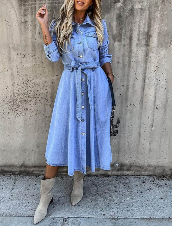 Denim Midikleid im Hemdblusenstil mit Langarm und Taschen | Ideal für Frühling und Herbst