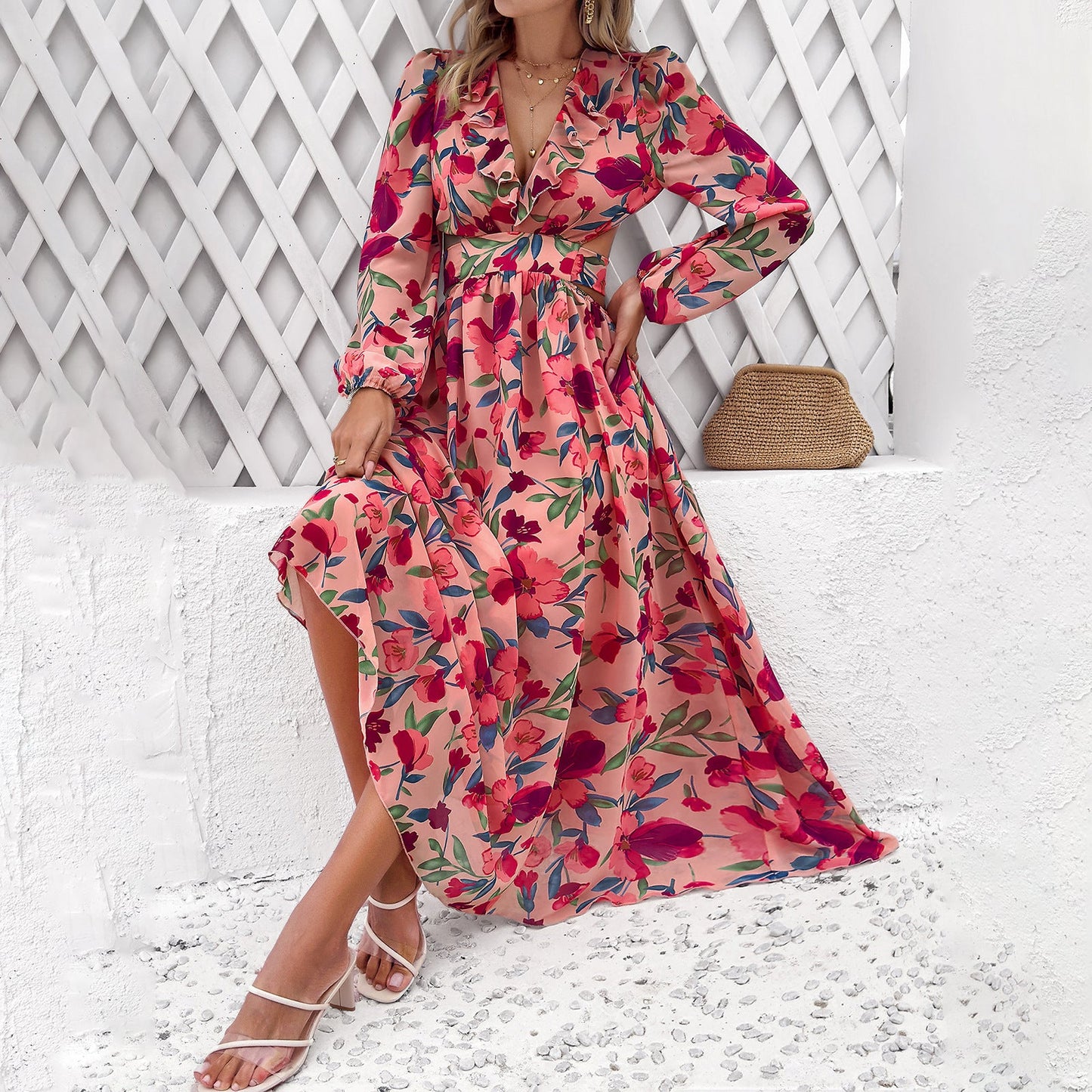 Geblümtes Kleid mit V-Ausschnitt und Laternenärmeln | Ideal für Frühling und Herbst