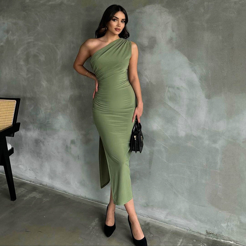 One-Shoulder Faltenkleid mit Schlitz | Ideal für Frühling und Sommer