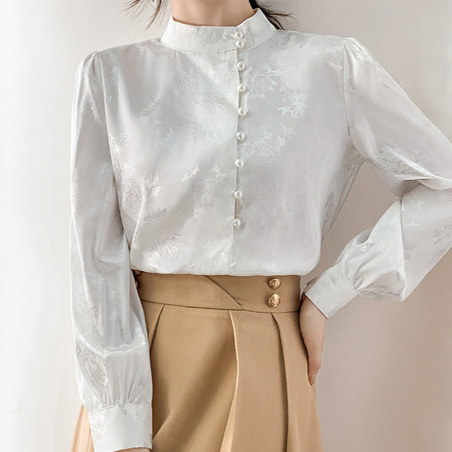 Stehkragen Perlenverziertes Damen Langarmshirt | Ideal für Herbst