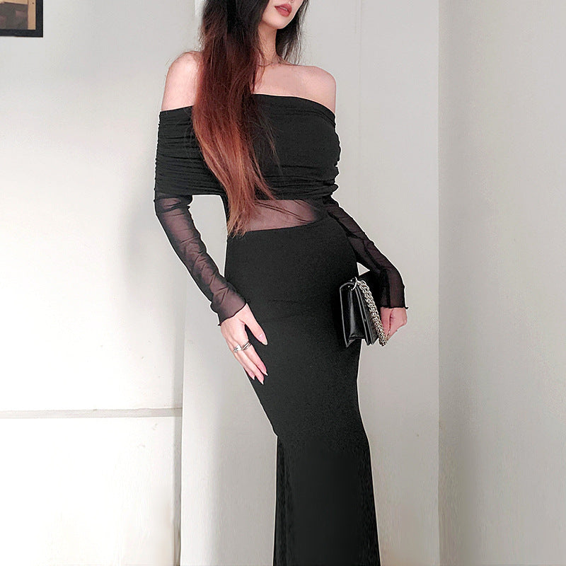 Off-Shoulder Plissiertes Langarm Maxikleid Ideal für Winter