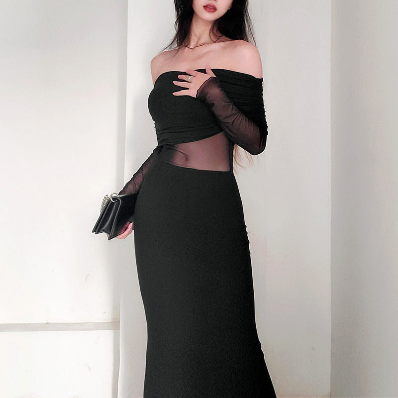 Off-Shoulder Plissiertes Langarm Maxikleid Ideal für Winter