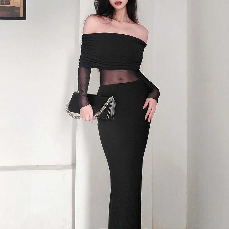 Off-Shoulder Plissiertes Langarm Maxikleid Ideal für Winter