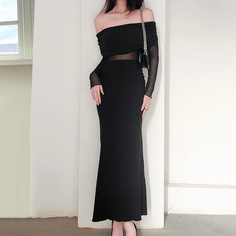 Off-Shoulder Plissiertes Langarm Maxikleid Ideal für Winter
