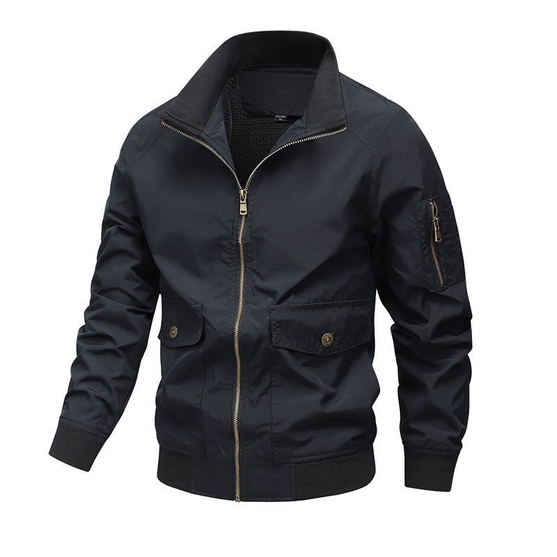 Locker Geschnittene Nylonjacke mit Polokragen und Nahttaschen | Ideal für Frühling und Herbst