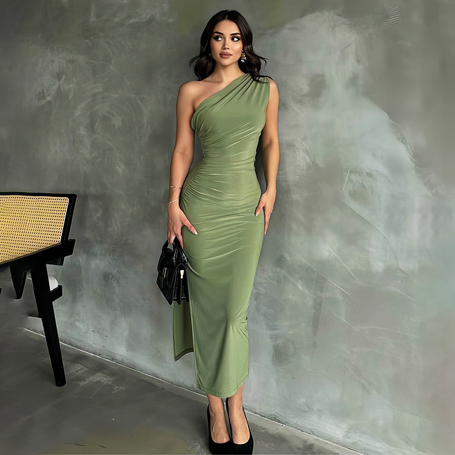 One-Shoulder Faltenkleid mit Schlitz | Ideal für Frühling und Sommer