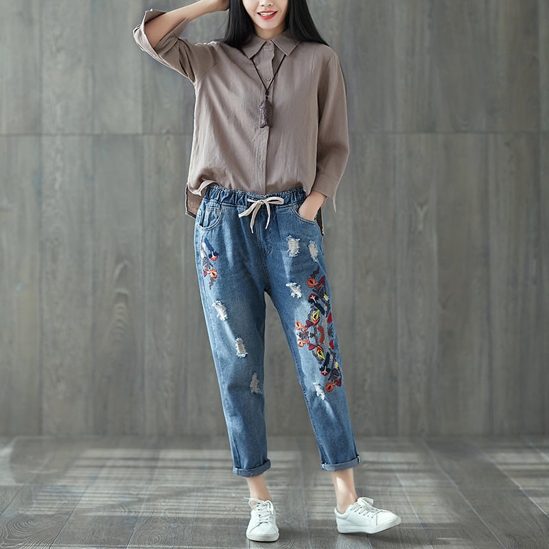 Bestickte Zerrissene Cropped Jeans | Ideal für Frühling und Sommer