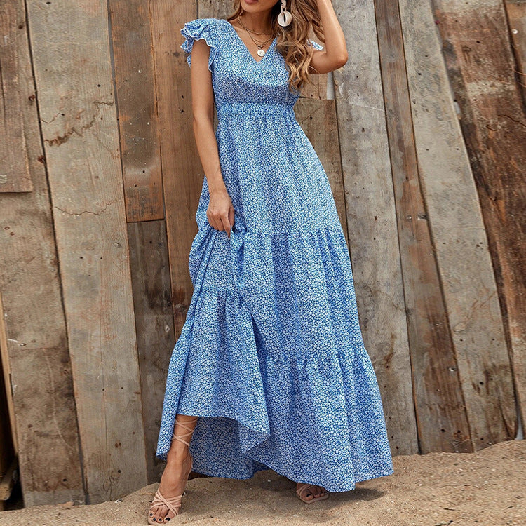 Bohemian V-Ausschnitt Blumendruck Kleid mit kurzen Ärmeln | Ideal für den Sommer